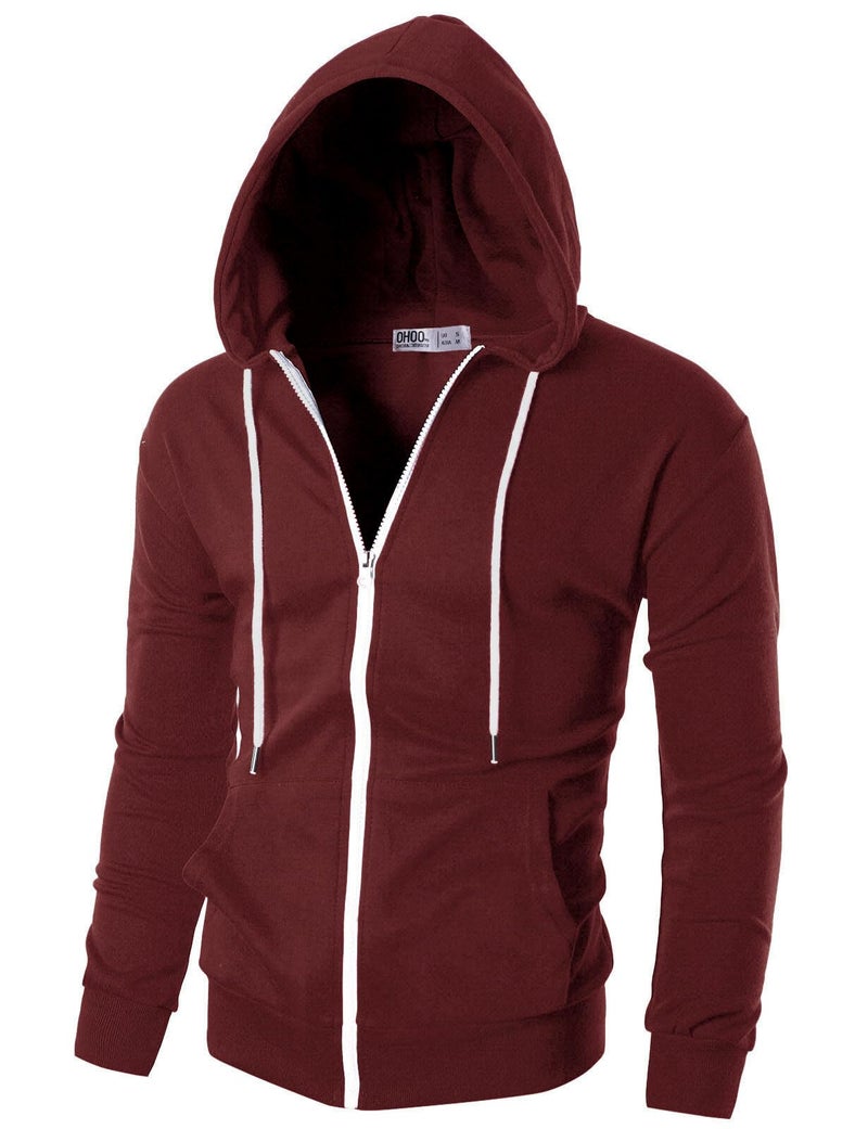 Ohoo Men's Zip Up Hoodie Lightweight Slim Fit Sweatshirt Full Zip Hooded Jacket / DCF002-BURGUNDY-2XL - Image 1
